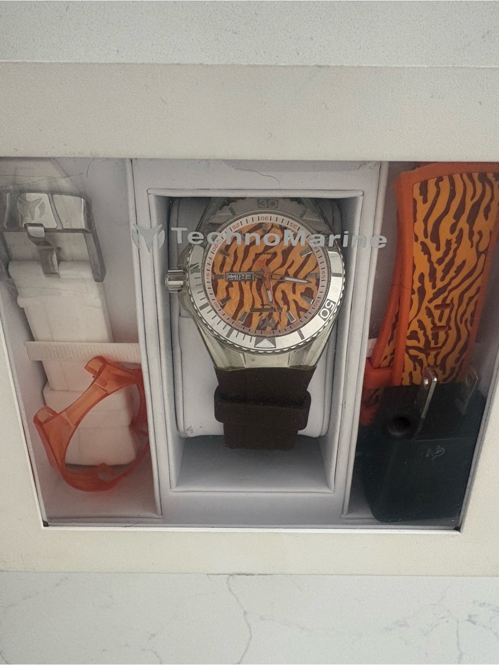 Technomarine Orange Tiger-Print Dial Watch with Brown Leather Strap - Picture 3 of 3